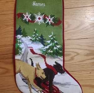 New LL Bean Needlepoint Christmas Stocking with dogs & James embroidered on it